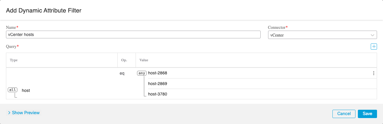 Another sample vCenter dynamic attributes filter that finds any of three hosts; the query is joined by OR