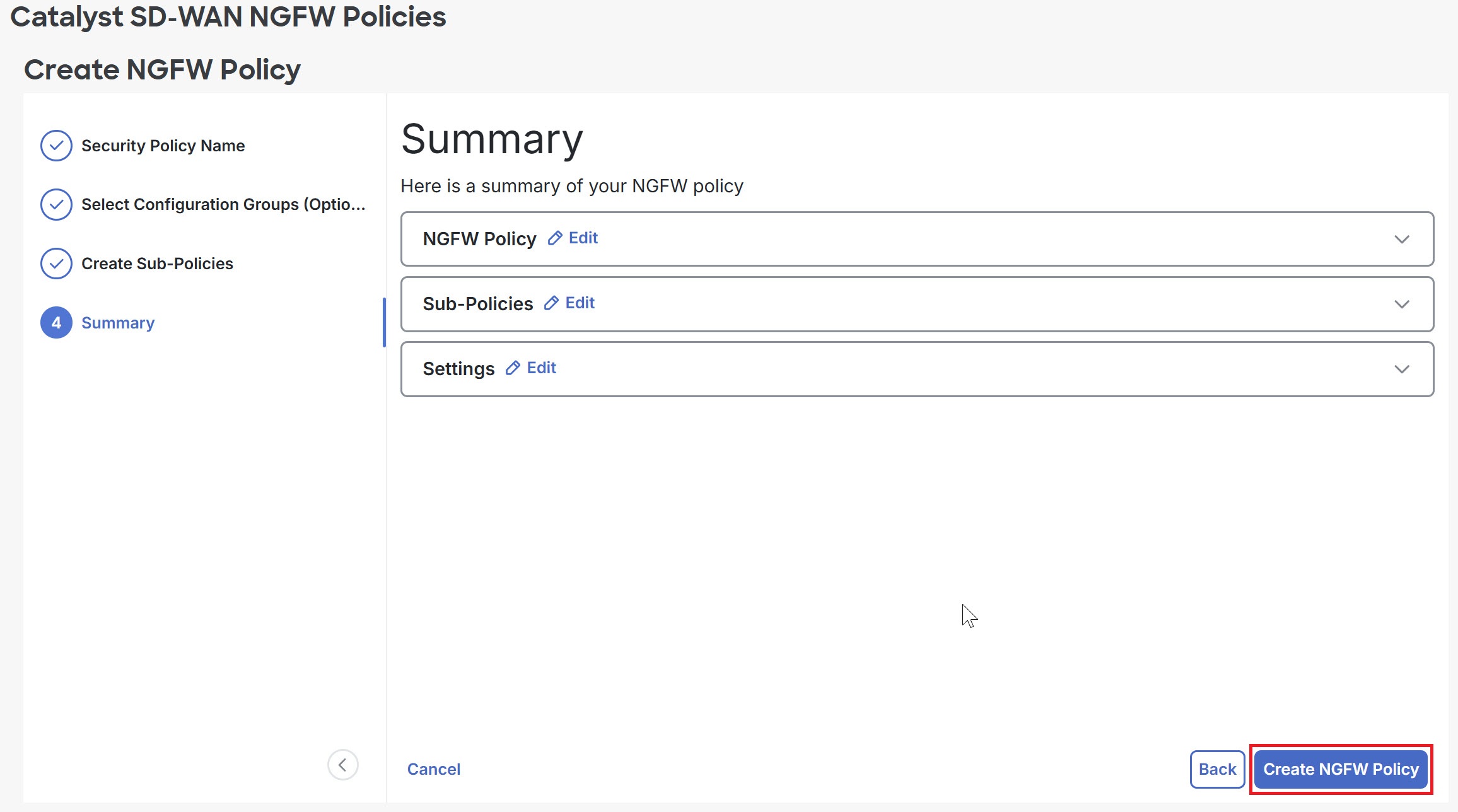 Screenshot of the Create NGFW Policy page showing the Summary tab.