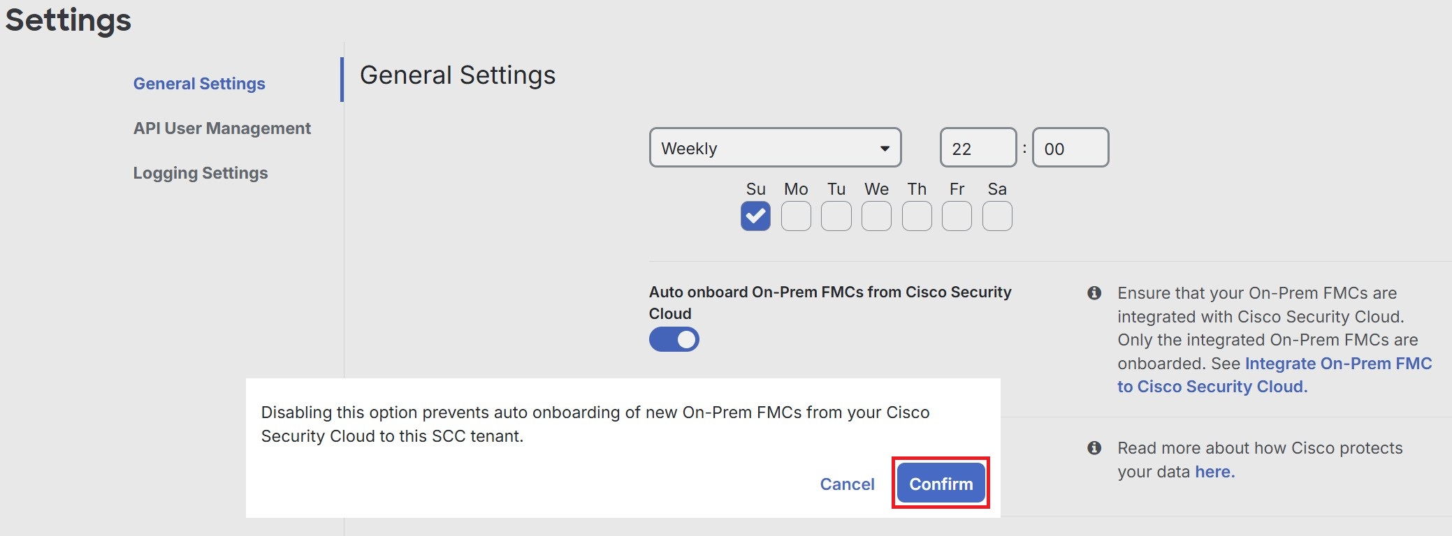 A dialog window titled 'Confirmation' presents the option to disable automatic onboarding of On-Prem FMCs in the General Settings menu in the application interface.